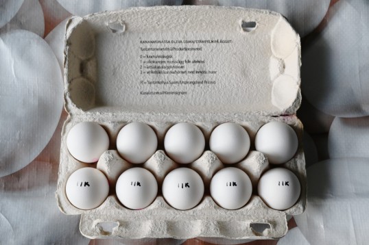 Kananmunakennossa kymmenen kananmunaa, joista viiteen on kirjoitettu ”IIK”.